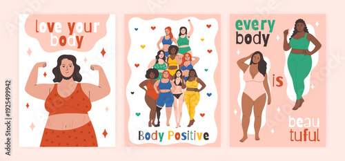 Body positive posters. Beautiful smiling women. Different healthy girls. Freedom in swimsuits. Diverse cute characters, female plus sizes. Inclusivity and confidence symbol. Vector garish cartoon card