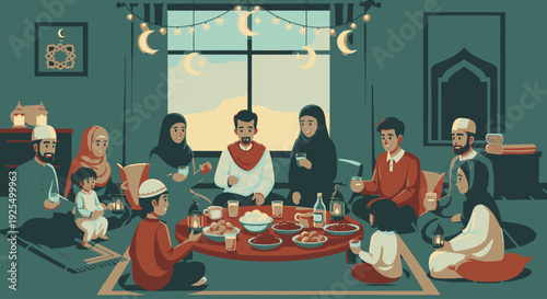 A Muslim family gathering for iftar during Ramadan.
