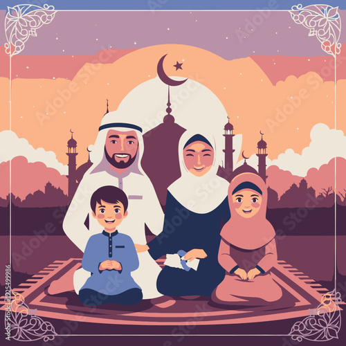 Happy Muslim family in traditional clothing sitting together.