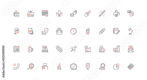 Office worker work at workplace, stationery and workflow, phone and printer line icon set. Employees desk and chair, busy time, recruit interview thin black and red outline symbol vector illustration