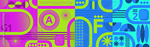 Abstract graphic poster. Geometric design for music. Modern flat shapes. Geometry mosaic bold composition. Urban minimal background. Bauhaus collage banner. Text symbols. Vector garish bright cover