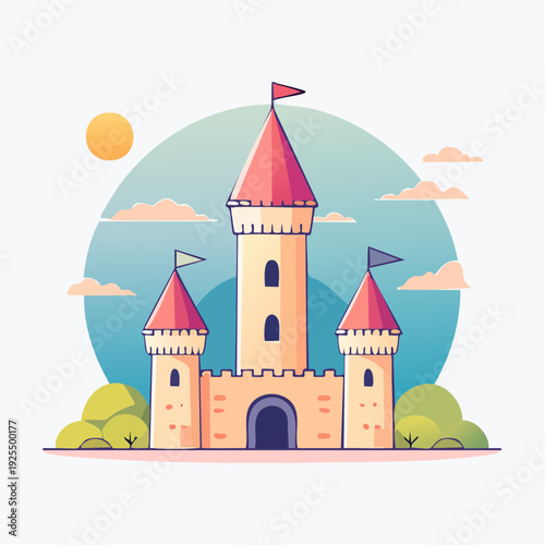 Charming fairy tale castle with red towers under a sunny sky, a magical kingdom illustration