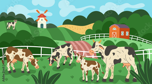 Cow in grassland. Cattle on field. Herd of farm animals. Cartoon mom with her calf. Cute baby, nature walk, livestock agriculture. Spring grass with barn and windmill vector tidy countryside landscape