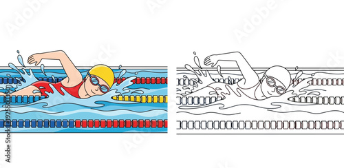 Vector illustration of a female swimmer doing freestyle stroke in a pool, featuring a fully colored version and a black and white line art coloring page.