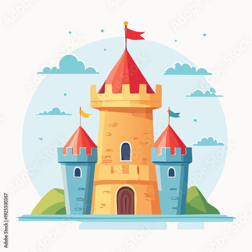 Vibrant and playful cartoon castle illustration for a magical fairy tale kingdom