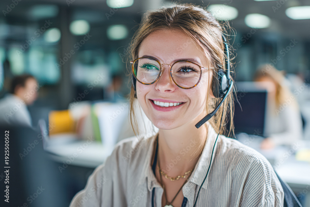 Fototapeta premium A smiling woman wearing glasses and a headset works in a modern office environment, engaging in customer support or communication.