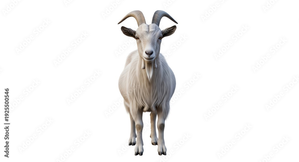 Fototapeta premium A white goat stands on a white background looking directly at the camera, its horns curving upward