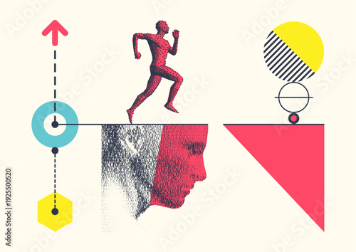 Running man or marathon runner. The concept of starting a business and moving towards a goal. Design for sport. Geometric pattern. A face emerging through a cascading digital code matrix. Supervision.