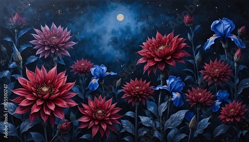 n this painting by Paola Salomé, a nocturnal plant scene unfolds beneath a deep blue sky, its texture created by layered dry-brush acrylics and subtle oil glazes to achieve a velvety darkness