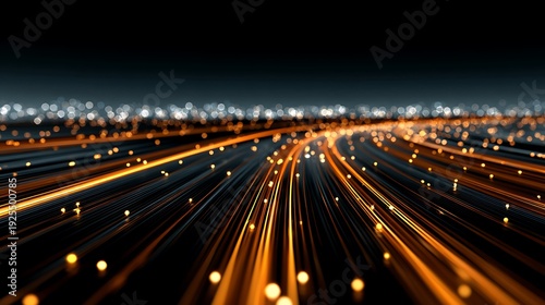 3d render, abstract background of yellow and blue neon lines glowing in the dark. Fireworks and bokeh lights. Data transfer concept. Digital futuristic wallpaper