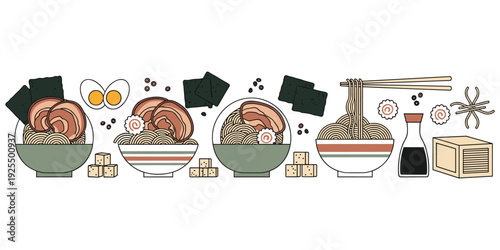 Japanese ramen food illustration, traditional noodle artwork, Asian cuisine design tribute, culinary culture graphic, dining concept, authentic ingredient theme flat vector illustration