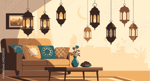 Cozy living room with hanging lanterns.
