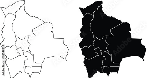 Bolivia map outline and filled silhouette with departments