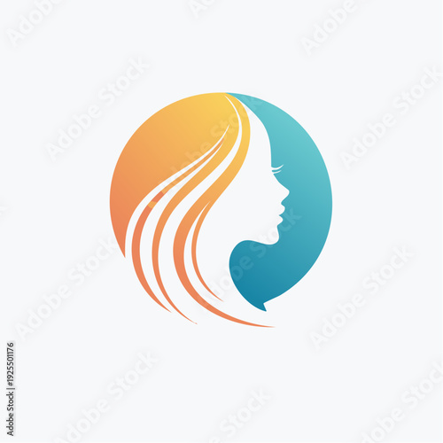 Abstract feminine profile logo with long flowing hair in vibrant gradient colors, symbolizing beauty, elegance, and personal style