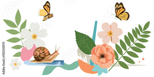 Nature butterfly floral illustration, biodiversity artwork, garden harmony design tribute, wildlife beauty graphic, ecological balance concept, colorful snail theme flat vector illustration