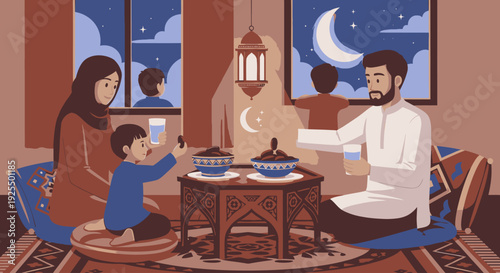 Family breaking fast during Ramadan at home.