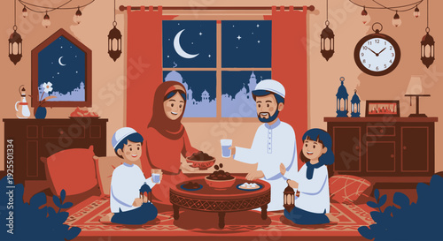 A Muslim family breaking fast together.