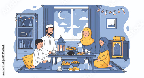 A Muslim family breaking their fast together.