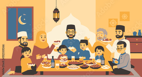 Muslim family gathering for iftar meal.