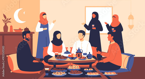 Muslim family gathering for iftar meal.