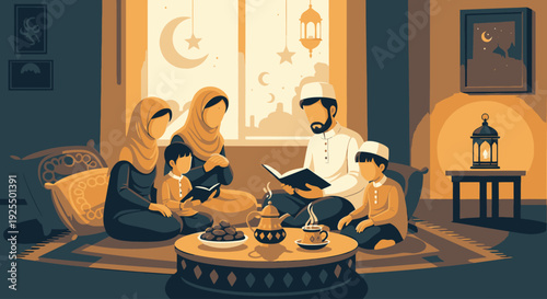 A Muslim family gathering for iftar during Ramadan.