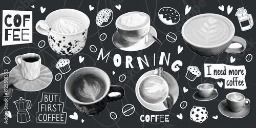 Coffee vintage halftone. Menu with paper collage for cafe. Cappuccino with milk in pot. Nostalgia packaging collage. Scrapbook stickers, drink latte. Vector garish retro monochrome graphic design