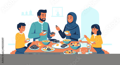 A Muslim family sharing a meal together.