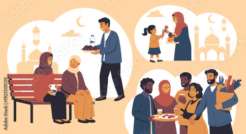 Illustration of people breaking fast during Ramadan.