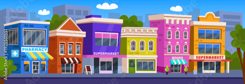 Shopping on city street. Apartment retail building facades. Cartoon sale at restaurant. Modern town architecture for cafe. Game exterior, market, commercial real estate store. Vector tidy cityscape