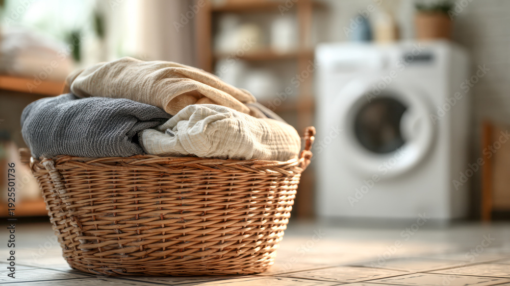 Obraz premium Woven basket filled with freshly folded warm sweaters sitting on the floor in front of a modern washing machine in a cozy home laundry room setting