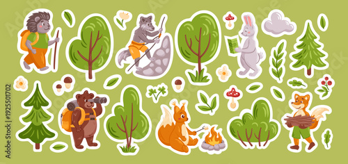 Forest animal. Cartoon hiking. Travel pet, camping wildlife. Funny character with backpack on campfire. Beast on adventure outdoors, nature travel. Vector happy spring isolated stickers collection