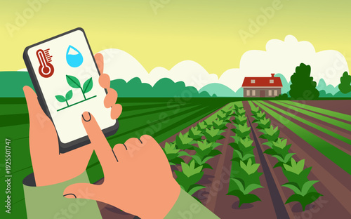 Agriculture farm. Smart farming. Plantation agricultural application for irrigation control. Countryside field. Innovation technology. Watering monitoring with phone. Soil hydration. Vector concept