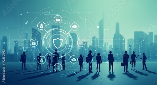 Business Professionals Standing Together Under Cyber Security Shield in Cityscape
