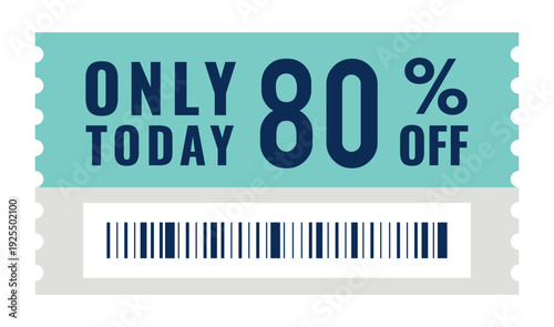 Coupon ticket. Sale voucher with barcode. Discount label. Gift shop promo tag. Bonus certificate. Special offer percent promotion. Loyalty customer. Purchase benefit. Vector shopping sticker design