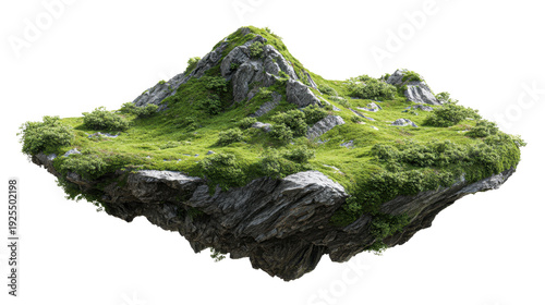 Floating fantasy island with ancient stone peaks and lush green grass representing stability and new beginnings, isolated on a transparent background, 3d rendering