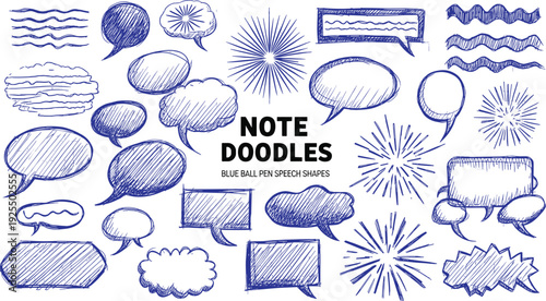Blue ballpen note doodles collection featuring hand drawn speech bubbles, comic shapes, sunburst bursts, dialogue clouds, and rough texture sketch elements.