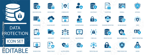 Data protection icon set. Vector symbols for encryption, cyber security, GDPR, cloud safety, and database privacy for web and app development.