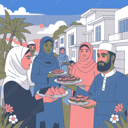 Muslim community gathering for food and celebration.