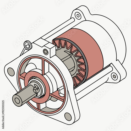 Isometric view illustration of a starter motor's internal mechanism, highlighting rotor, stator, and housing. Essential for automotive technology, engineering, and repair visuals.