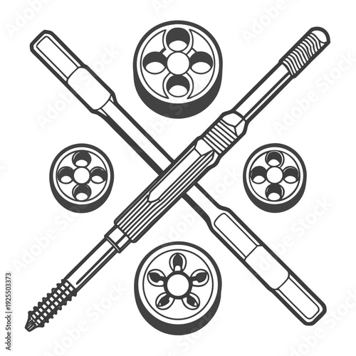 Vector graphic emblem of crossed mechanical screwdriver bits and circular gears, symbolizing precision engineering, tools, and industrial design in a monochromatic style.