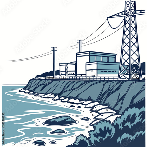 A power plant on a cliff overlooking the ocean