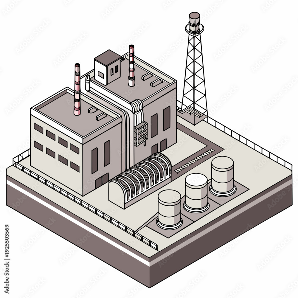 Naklejka premium Isometric view of a industrial facility with smokestacks and storage tanks