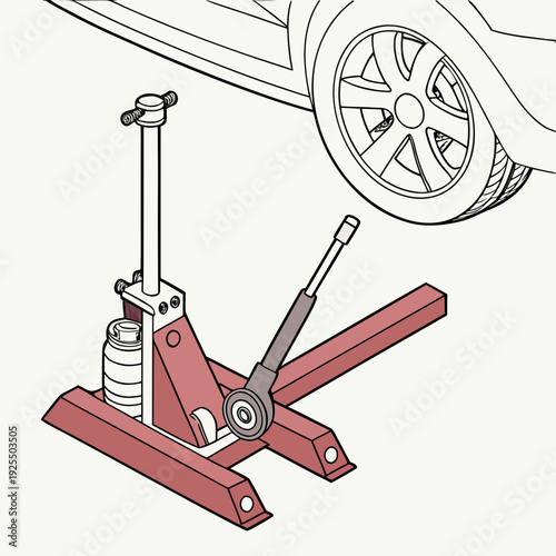 Car jack lifting vehicle for maintenance and repair, automotive service and auto shop illustration