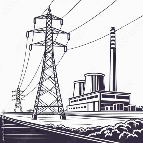 A black and white drawing of a power plant and transmission tower