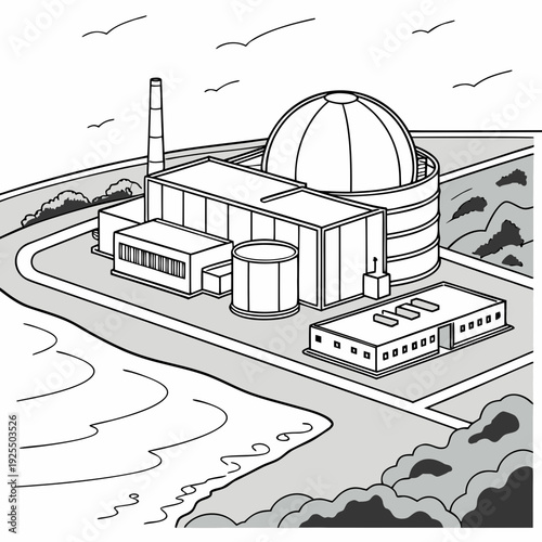 A black and white drawing of a nuclear power plant