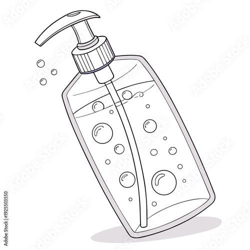 Clear plastic bottle with pump dispenser, hand sanitizer with bubbles, promoting health and preventing germs
