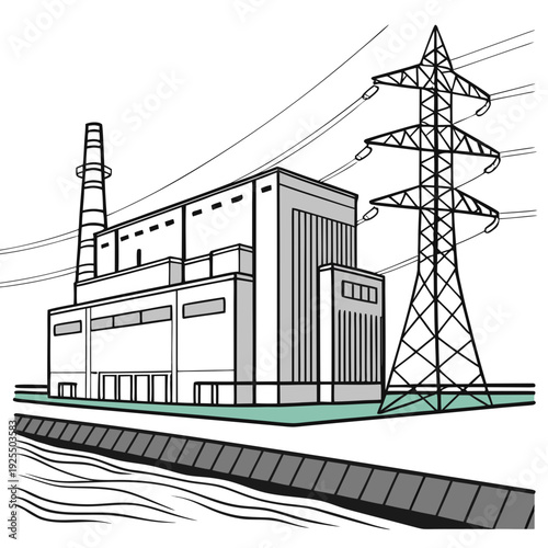 An industrial building with a power line and a body of water