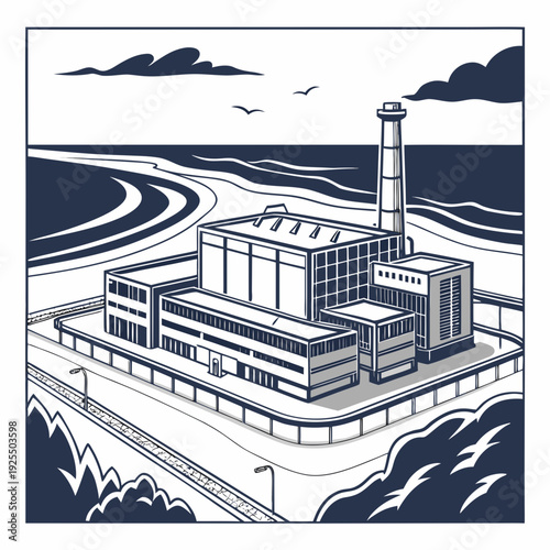 A large industrial building on a body of water