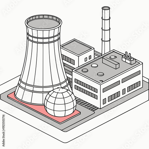 A black and white drawing of a nuclear power plant with a cooling tower