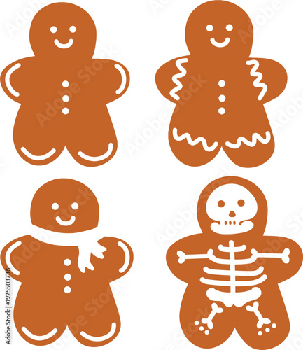 Four gingerbread man cookies charactr illustrations, each with a unique design. All characters are brown with simple white smiling faces and decorative icing details. 